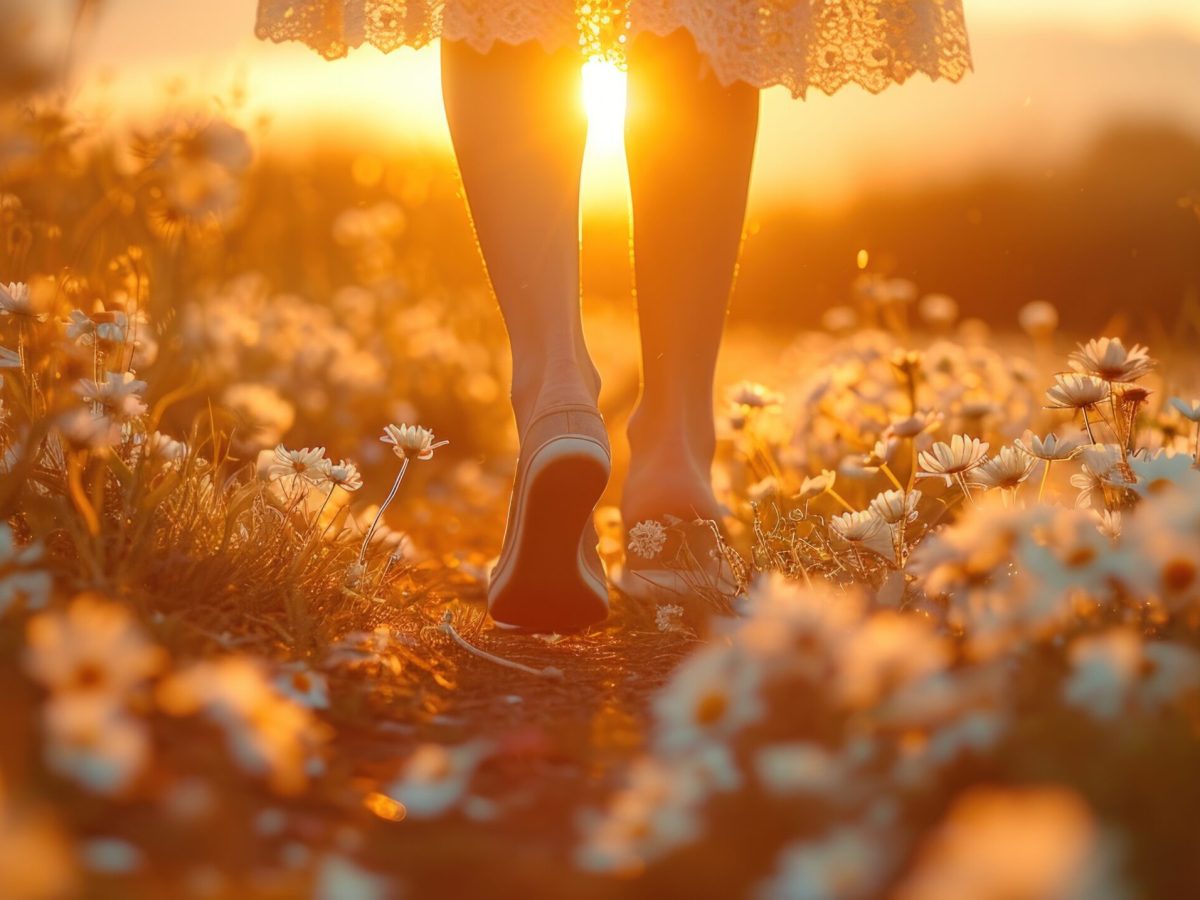 A figure is walking through a field of daisies, their legs and feet visible from the knees down. The sun shines brightly from behind the figure, creating a warm, golden light that bathes the scene. The daisies are in full bloom, with white petals and yellow centers, and they fill the foreground and middle ground. The background is blurred, but it appears to be a field of grass and trees. The image has a soft, dreamy quality and could be used for a variety of commercial or editorial purposes.